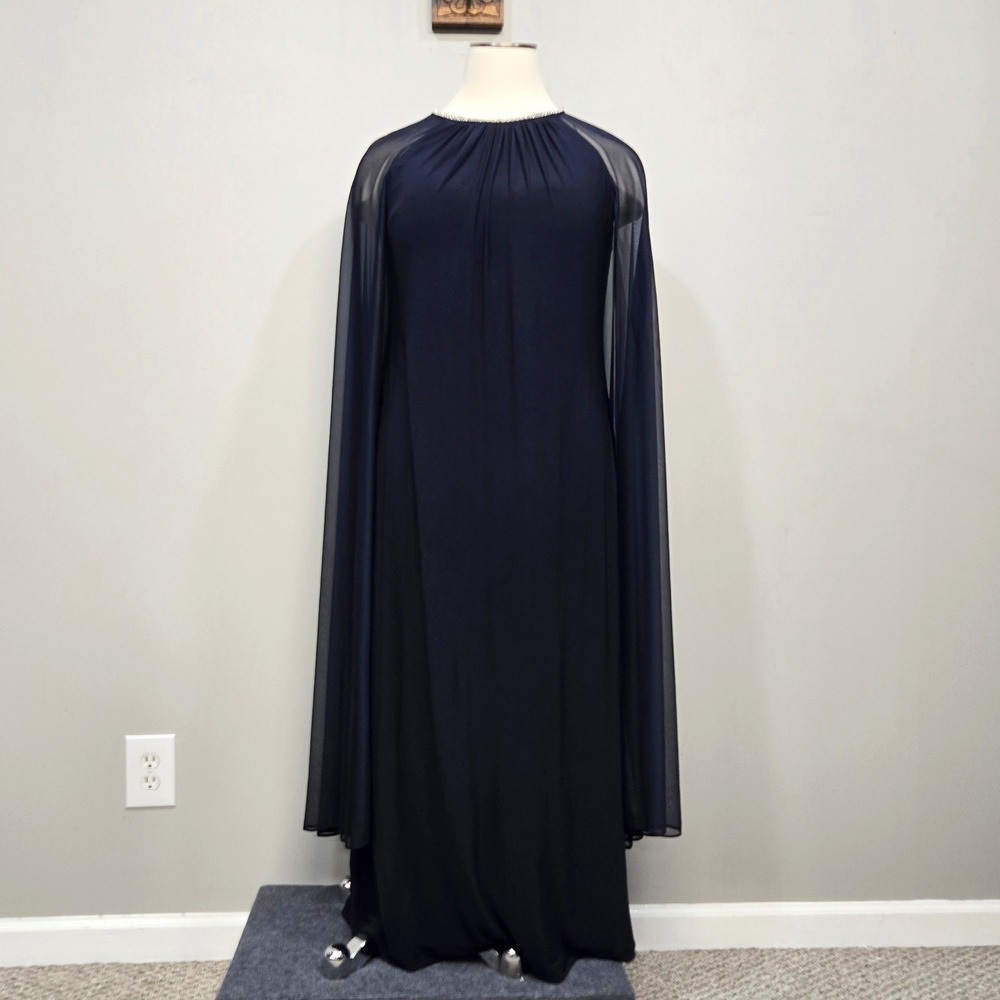 Brianna Milay Evening Gown Plus Size 16W Navy Blue Cape Sleeve Rhinestone Formal